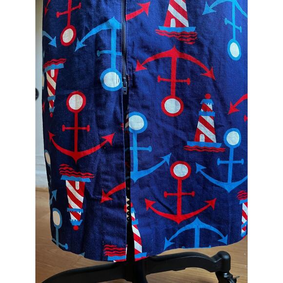 Vintage 60s Nautical Anchor Print Maxi Skirt | 1960s Red Blue Lighthouse A‑Line - Picture 7 of 8